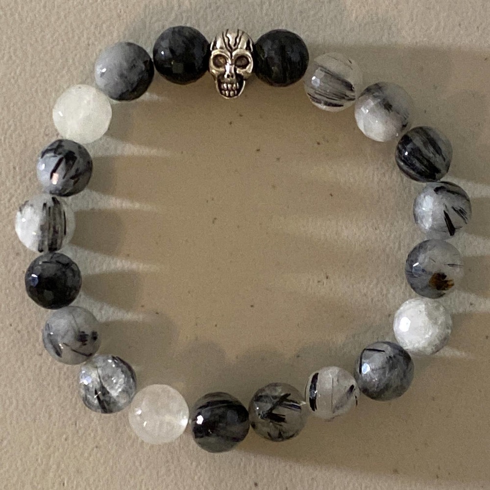 Black and White Rutilated Skull Head Stretch Beaded Bracelet Sterling Silver